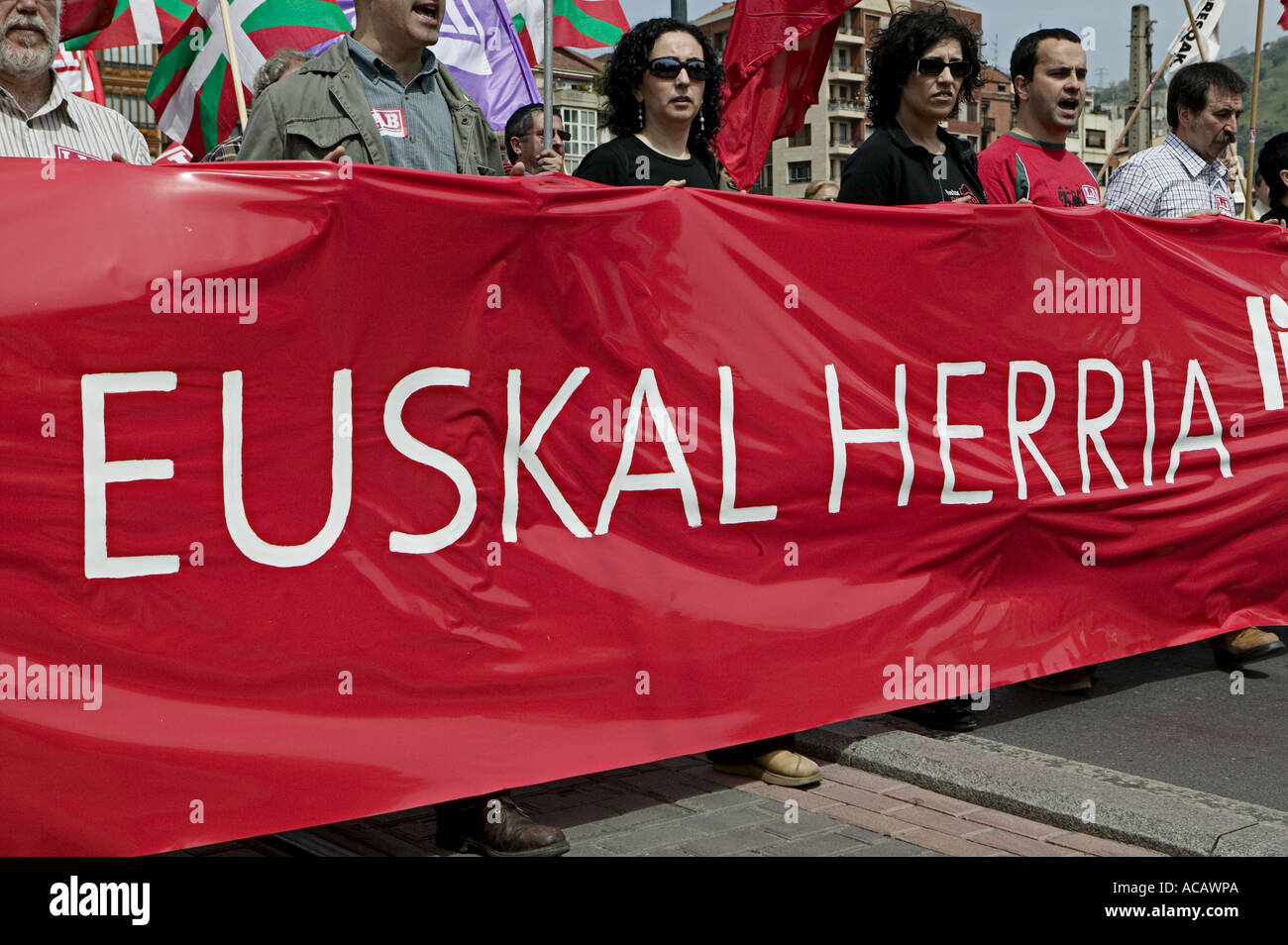 The words Euskal Herria on a red banner during political demonstration  in central Bilbao, Pais Vasco (Basque Country) Spain. Stock Photo