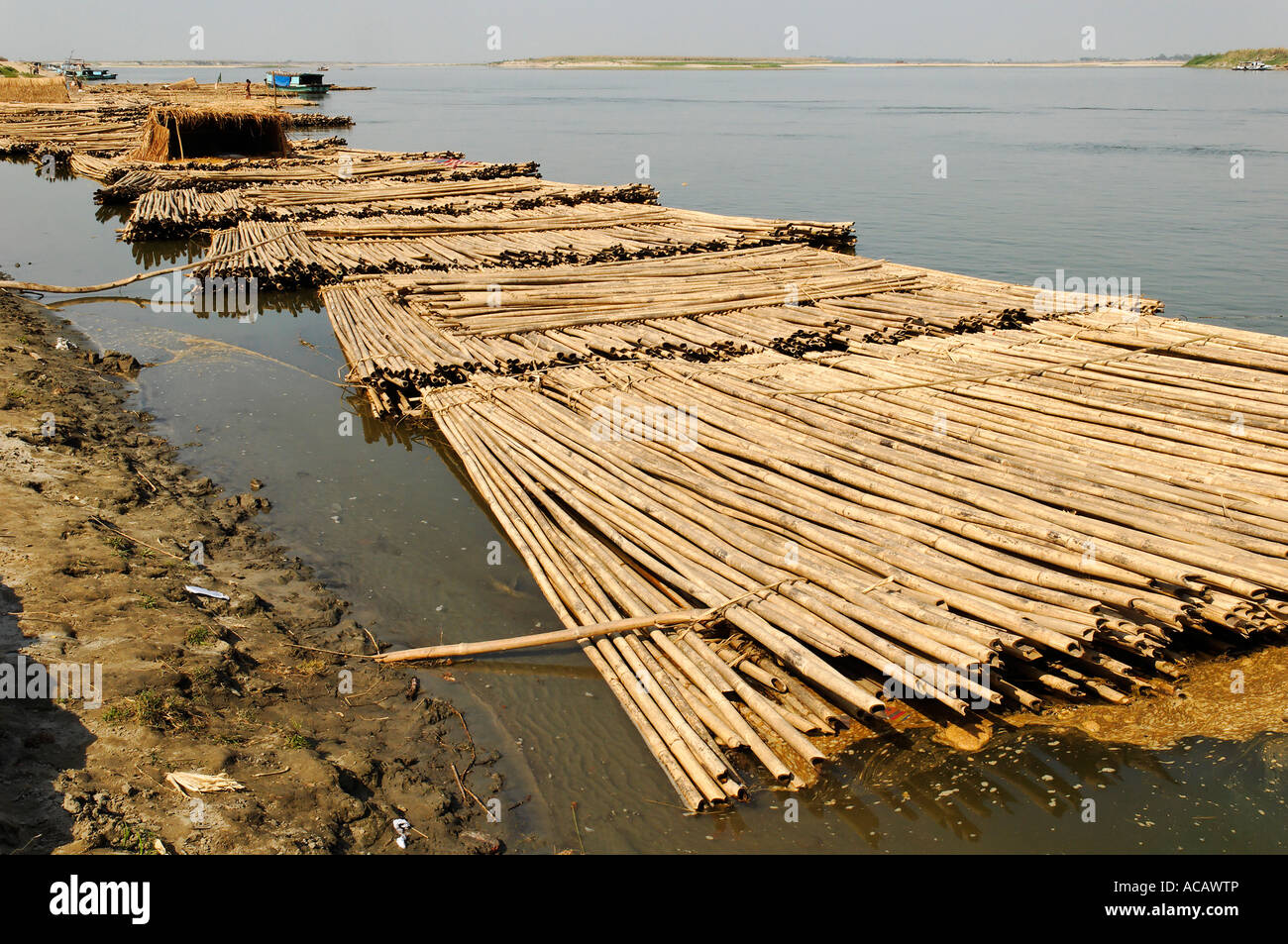 Bamboo float on the Irrawaddy river, Myanmar Stock Photo