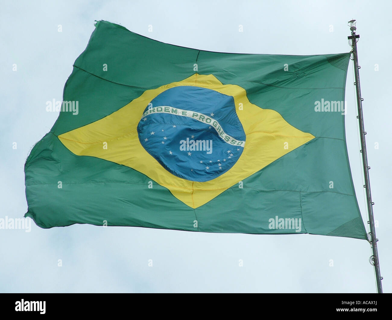 Waving Brasilian national flag 'ordem e progesso' Stock Photo
