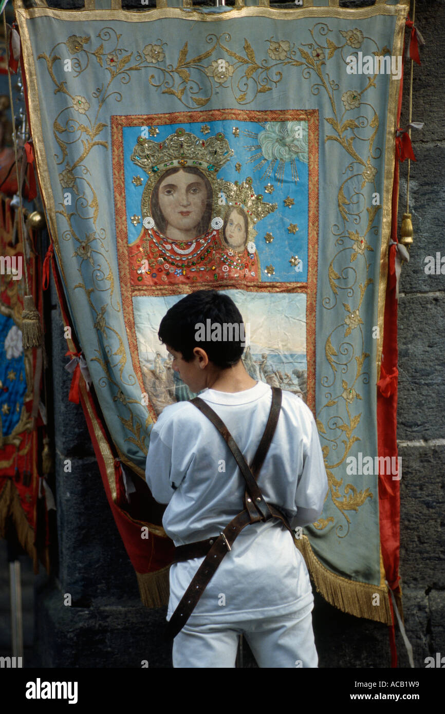 Naples Italy Boy with a banner of the Madonna dell' Arco Stock Photo