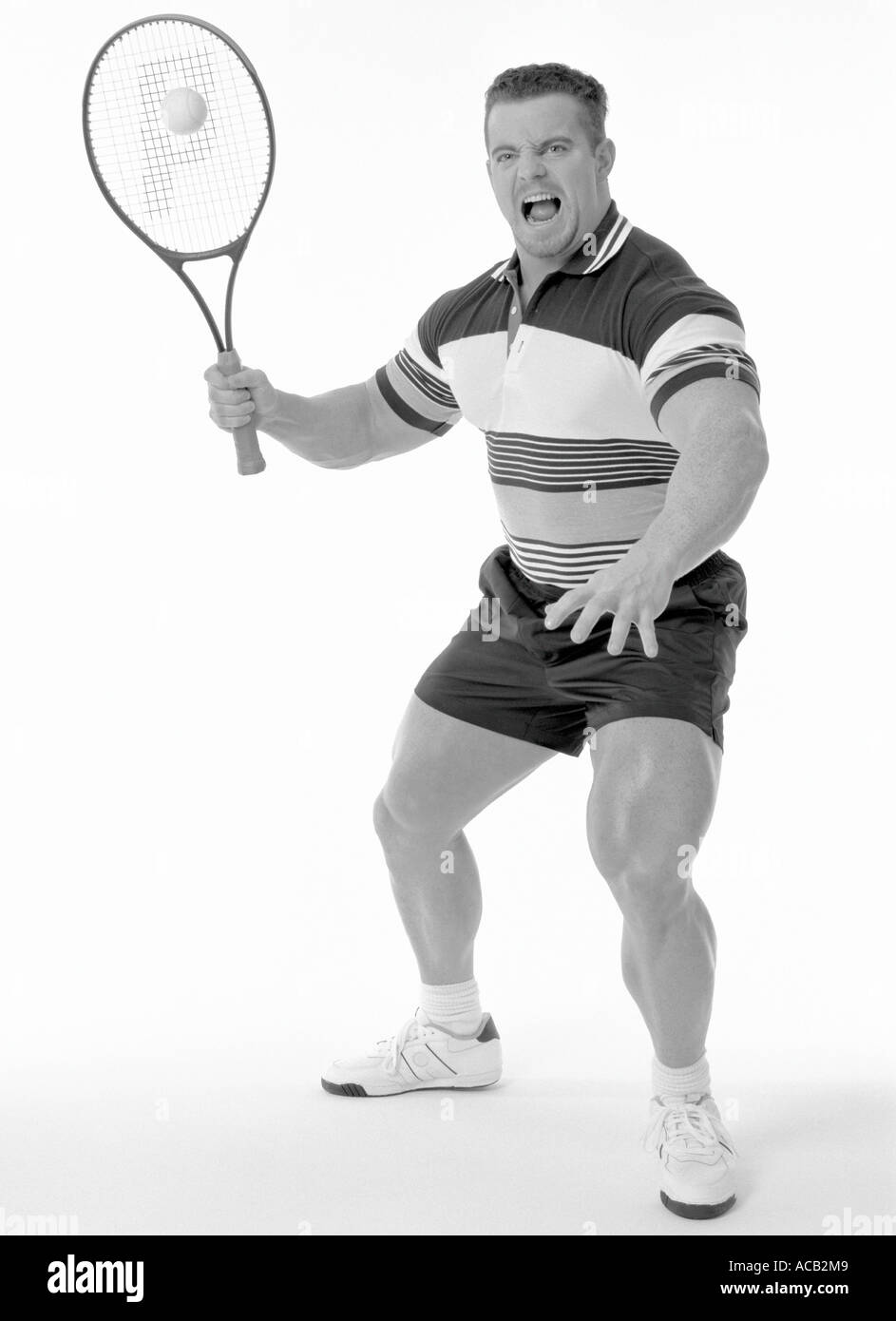 Exaggerated musclebound tennis player on white background. Stock Photo