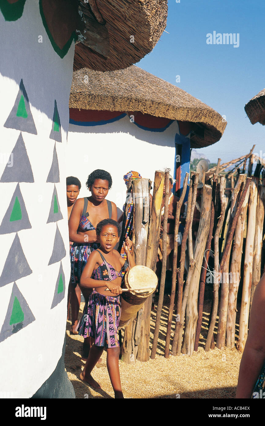 Ndebele huts and dancers Ndebele village near Somerset West West Cape Coast South Africa Stock Photo