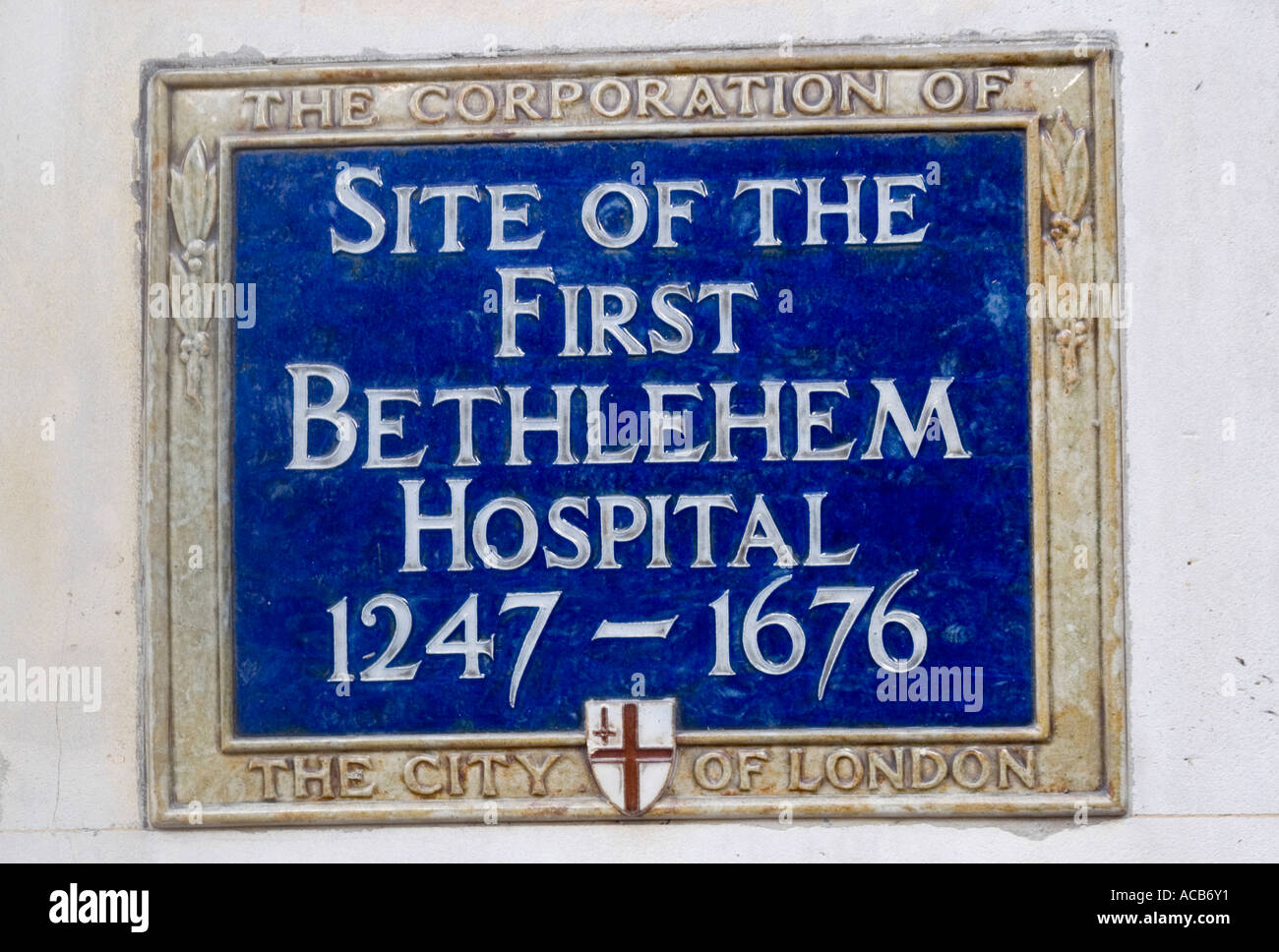 Plaque identifying site of Bedlam or Bethlehem Hospital in Liverpool Street  LONDON   EC2   UK Stock Photo