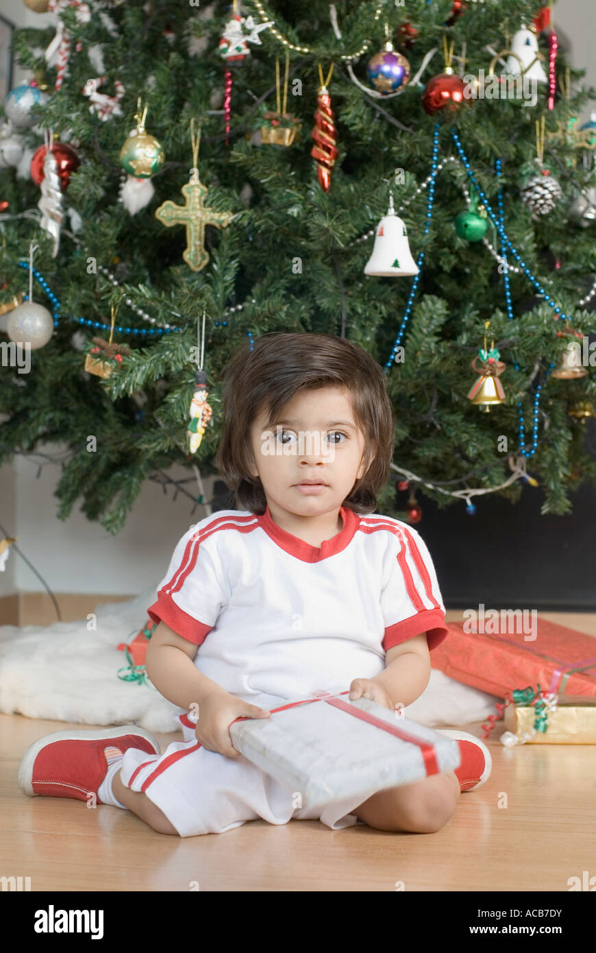 Portrait of a boy sitting in front of a Christmas tree and holding a ...