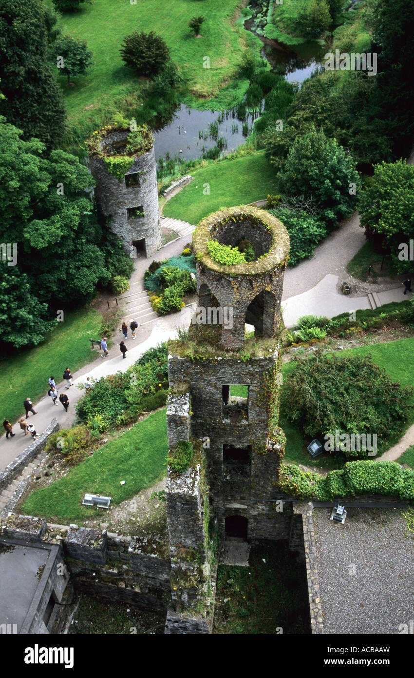 Looking down on tower and grounds of Blarney Castle, Co Cork, Republic of Ireland. Stock Photo