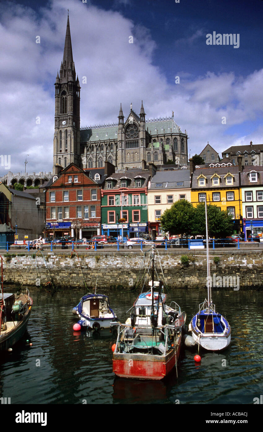 The harbour at Cobb, Co Cork, Republic of Ireland, with the cathedral above Stock Photo