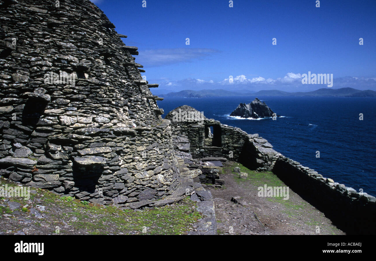 The remains of the monastic cells at Great Skellig, an island off the coast of Kerry, Republic of Ireland. Stock Photo