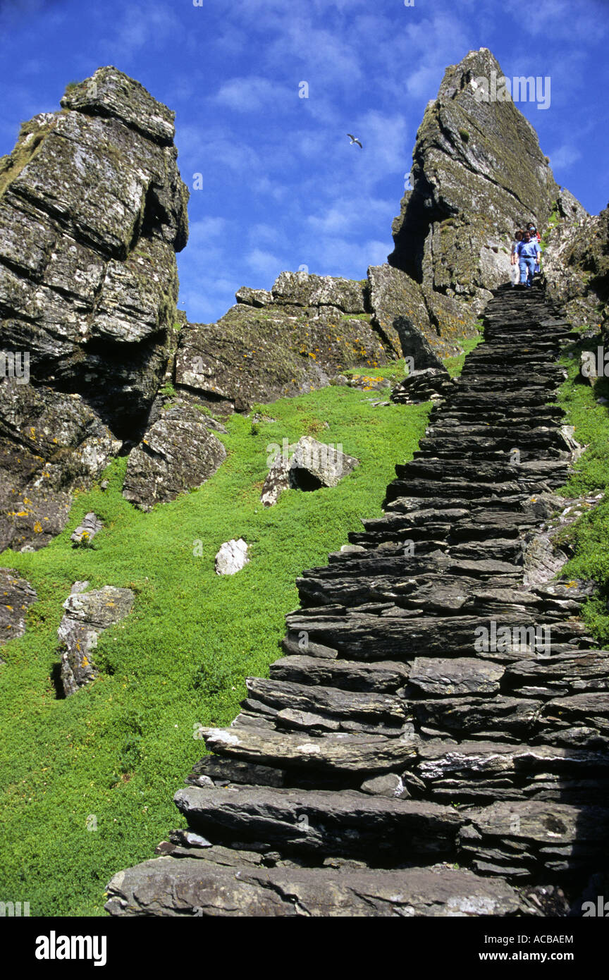 Steps up to the remains of the monastery at Great Skellig, an island off the coast of Kerry, Republic of Ireland. Stock Photo