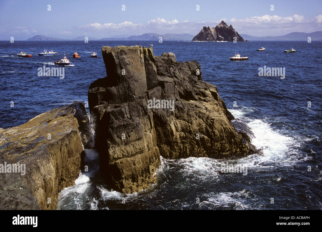 The distant island of Little Skellig, off the Coast of Kerry, Republic of Ireland, seen from Great Skellig. Stock Photo