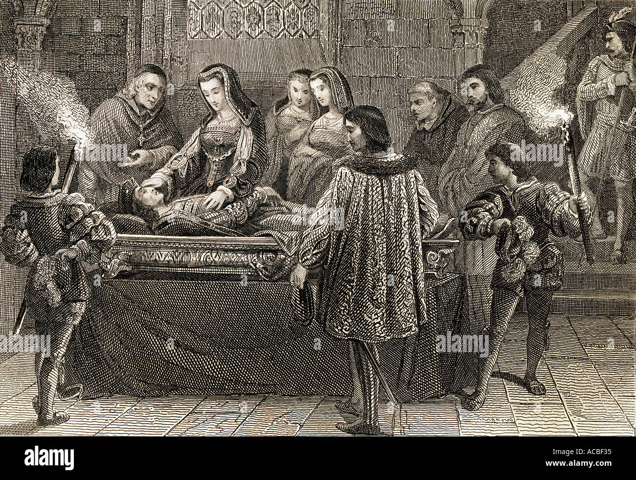 Juana la Loca gazing upon the body of her dead husband Felipe el Hermoso.  Joanna of Castile aka Joanna the Mad. Philip I of Castile aka the Handsome. Stock Photo