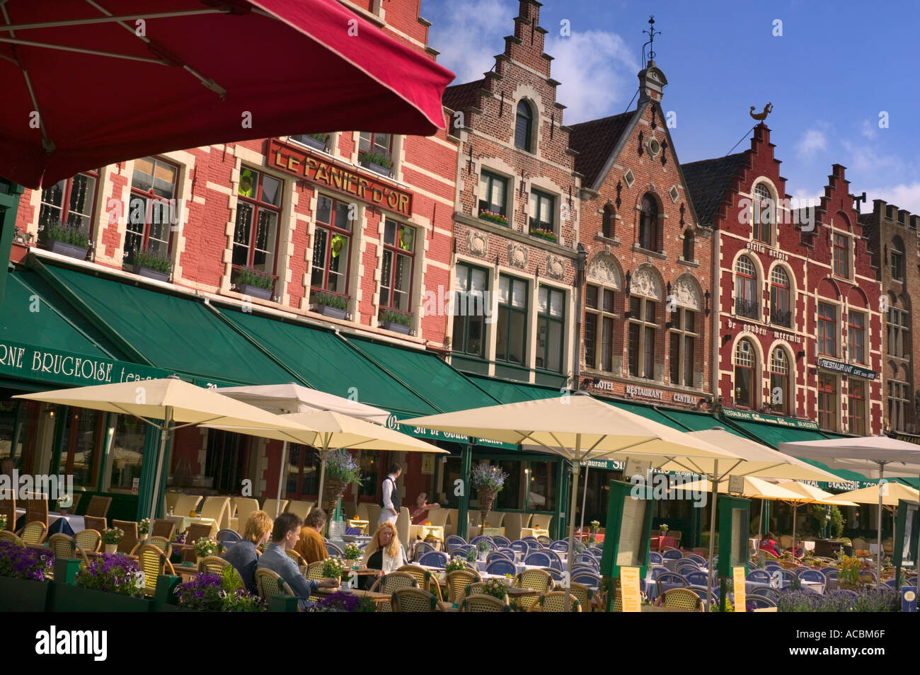 Restaurants and cafes in the Markt, Bruges. Stock Photo