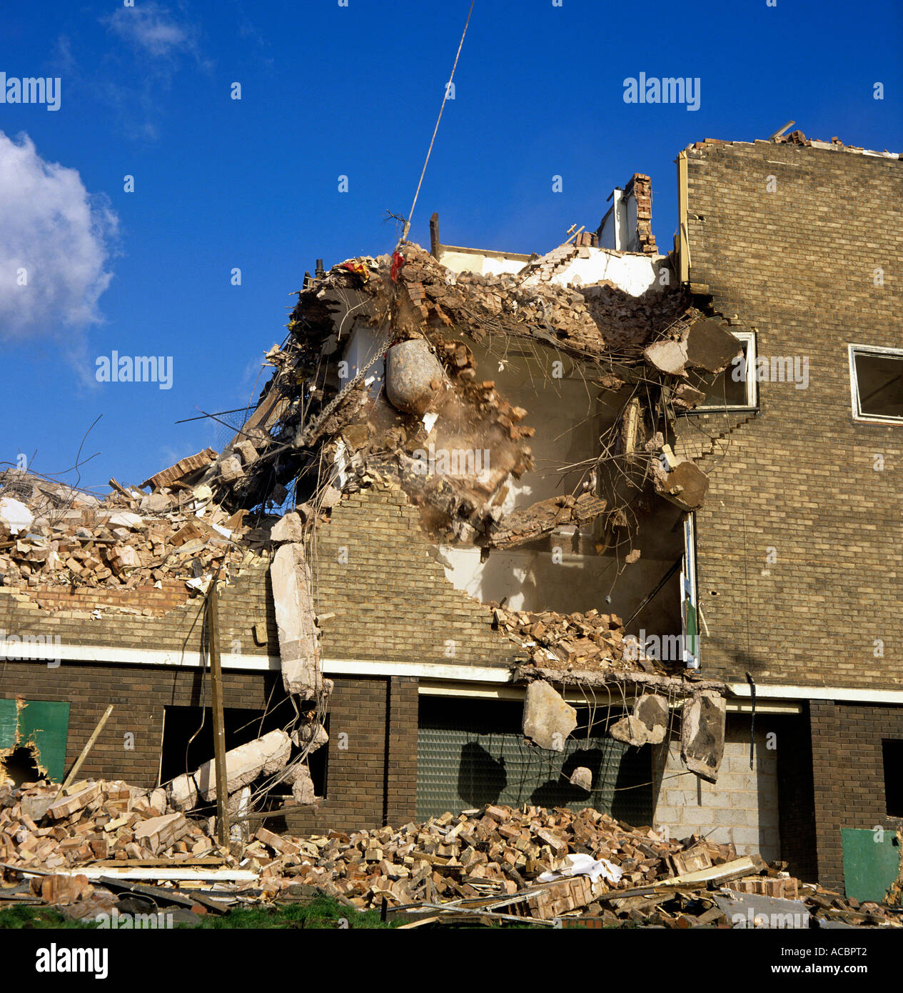 demolition of building by wrecking ball Stock Photo