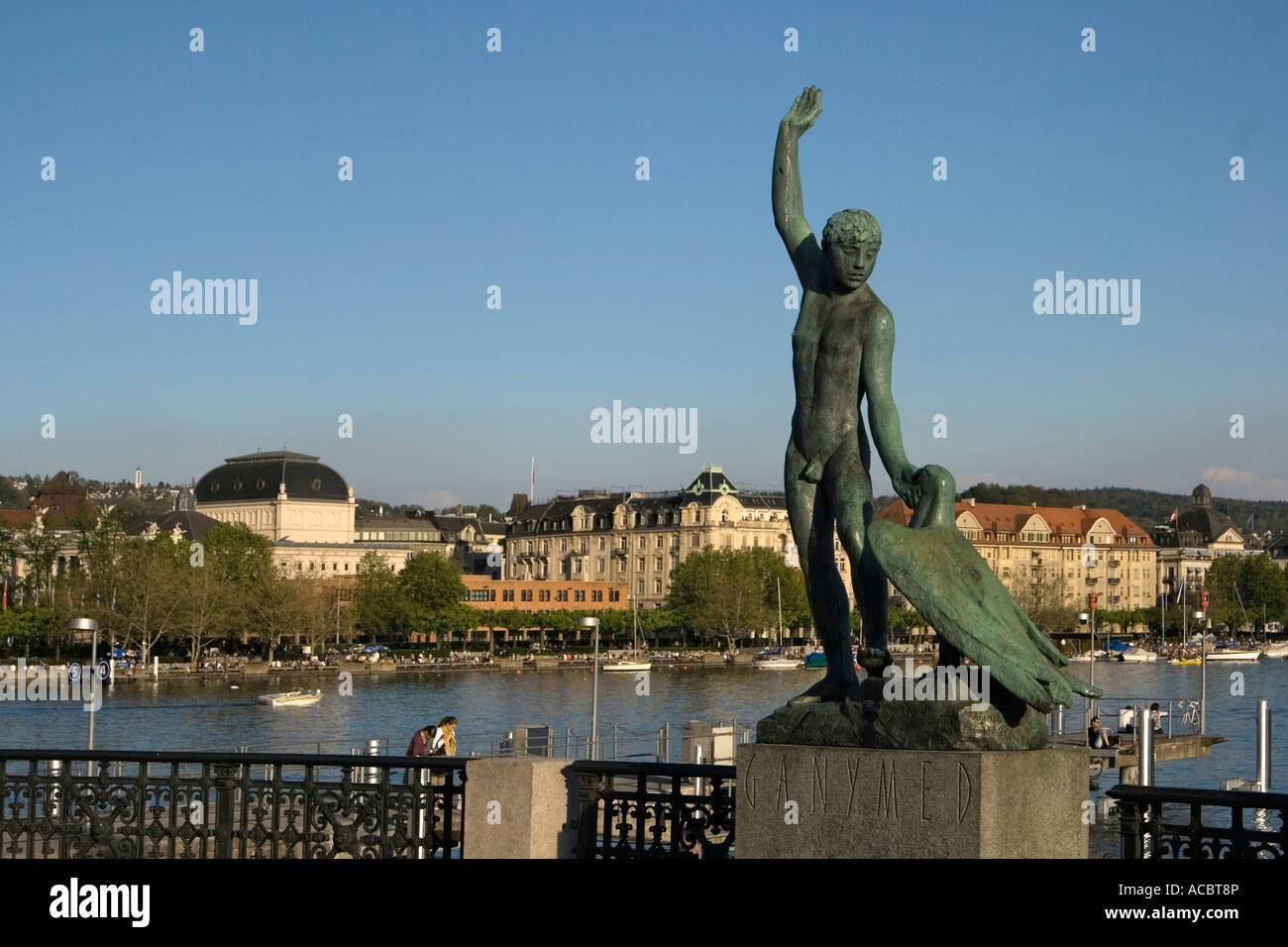 Switzerland Zurich Ganymed statue at riverbank Zurich lake Stock Photo