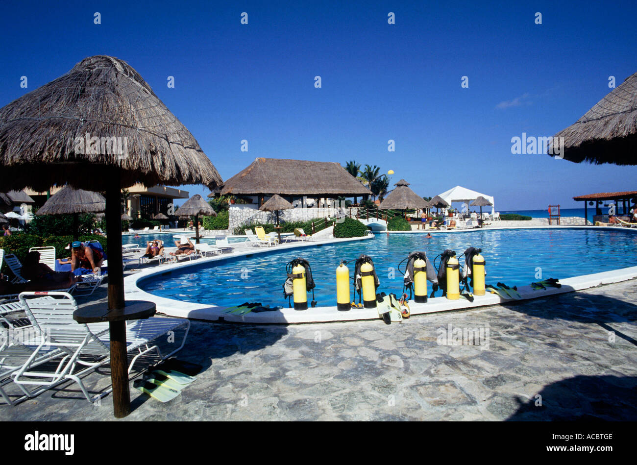 scuba gears at swimmingpool of hotel resort of cancun mexico editorial