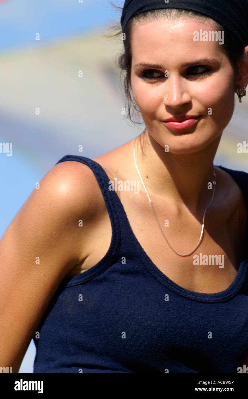 Happy bare belly teenage girl dancing at rave party Hilltop 2007 Stock ...