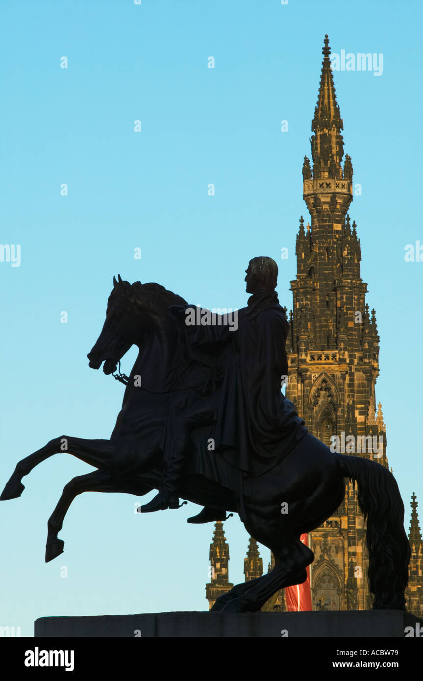 The Scott Monument and a statue of the Duke of Wellington on Princes Street, Edinburgh Scotland Stock Photo