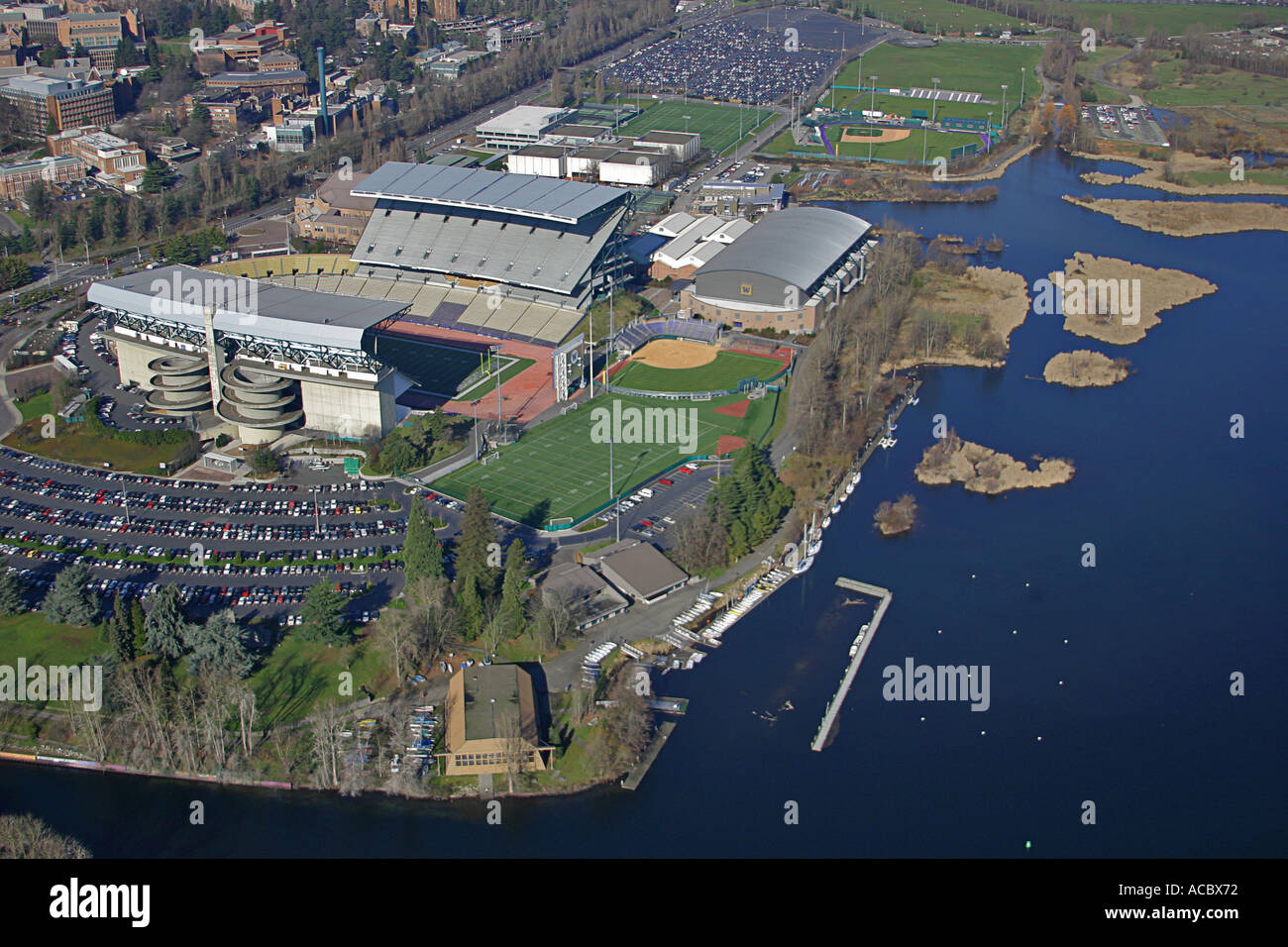 An aerial view of the Husky Softball Stadium on the campus of the