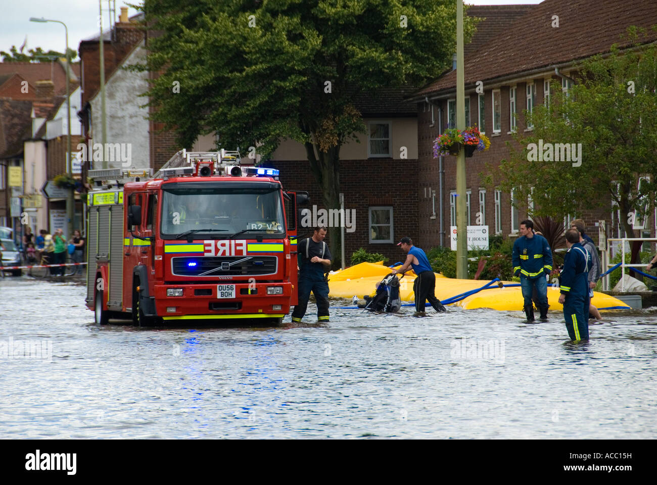 Fire Engine in Flooded Street Stock Photo