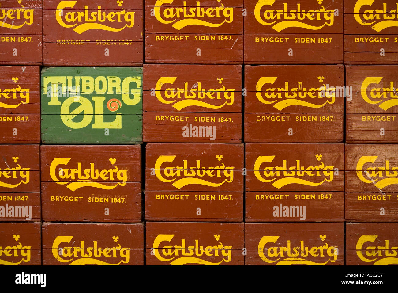 Old beer crates at Carlsberg Visitor Centre Stock Photo