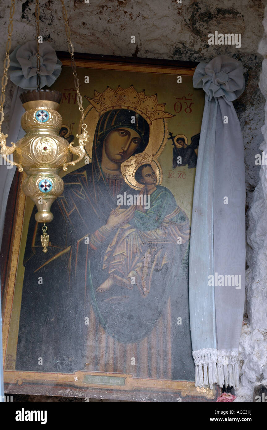 Virgin mary with Jesus in the monastery of Chrysoskalitissa on western coats of Crete island in Greece Stock Photo