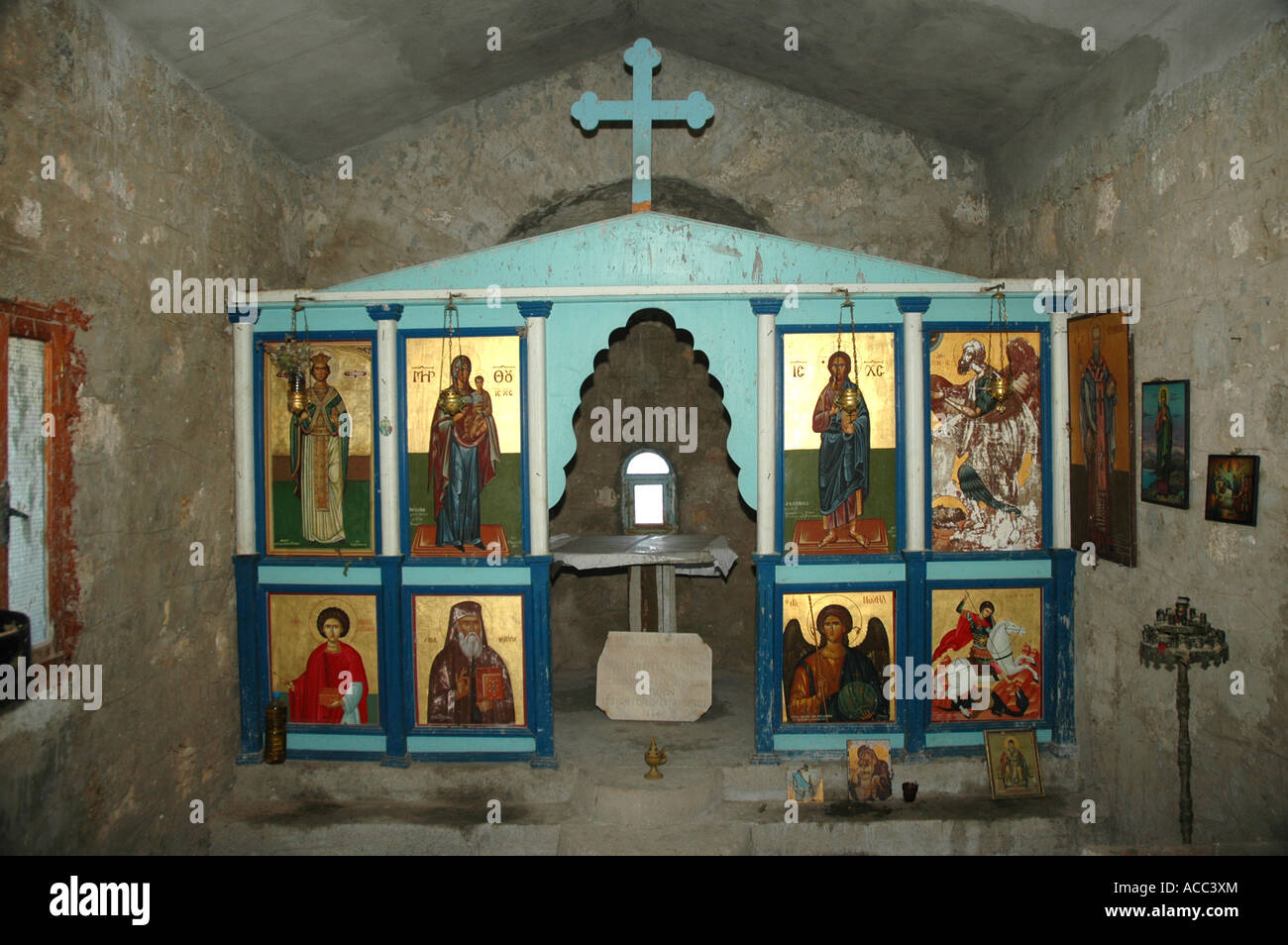 Interior of orthodox church built on the highest point of small island Elafonissi near southeast tip of greek island of Crete Stock Photo