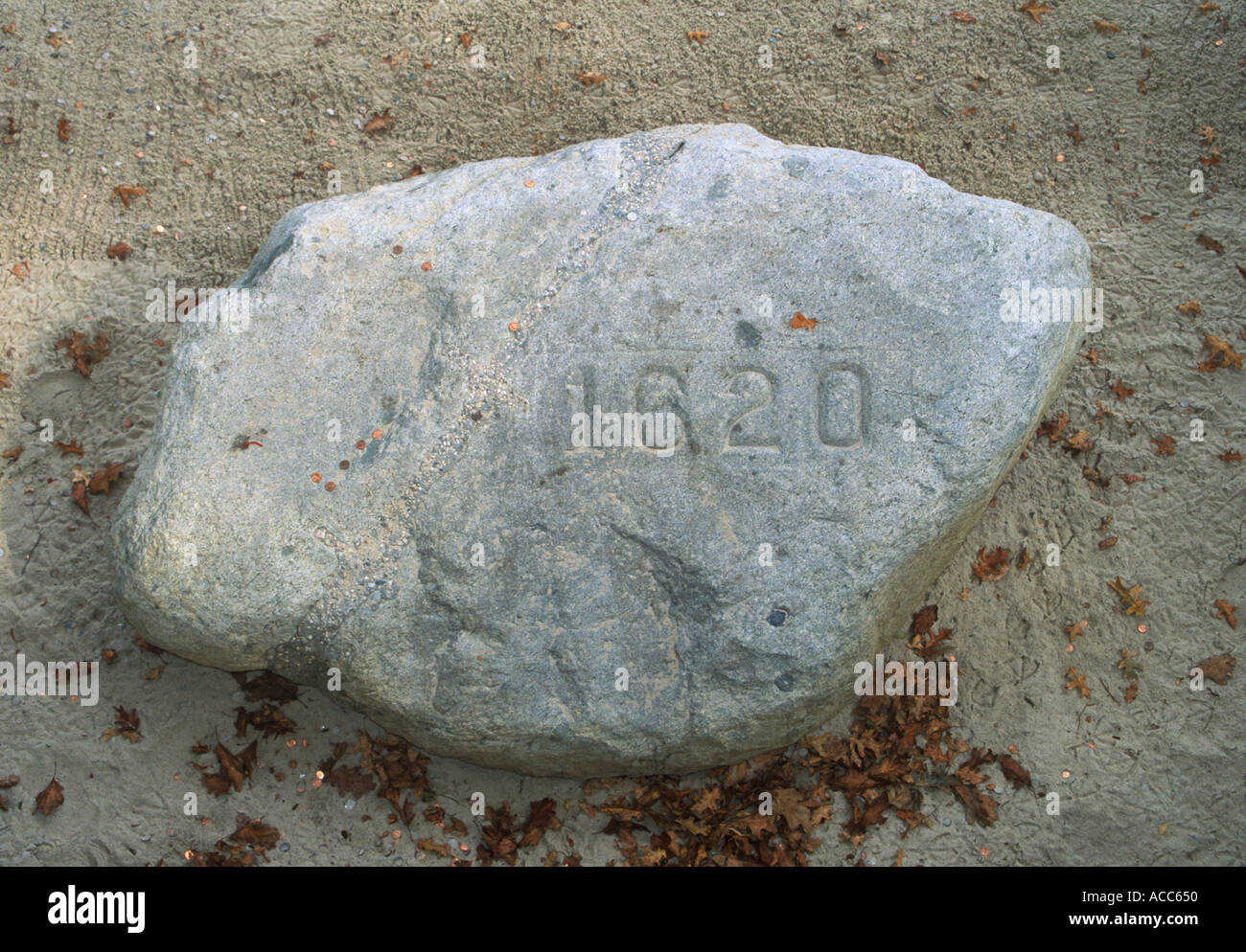 Plymouth Rock the place where the Pilgrims landed in 1620 in Massachusetts USA Stock Photo