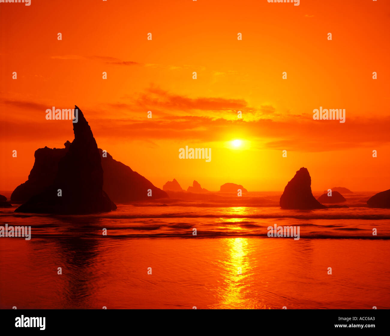 sunset at Bandon Beach Oregon USA Pacific Ocean Stock Photo