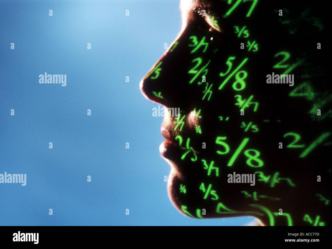 image of random fractions projected on business woman s face abstract Stock Photo