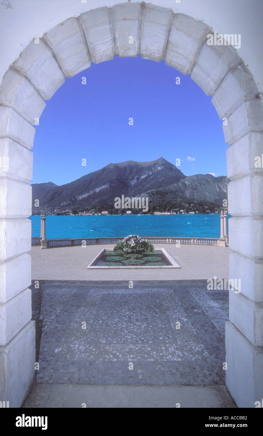 View of Lake Como Italy from the entrance arch to Villa Melzi near Bellagio Italy Stock Photo