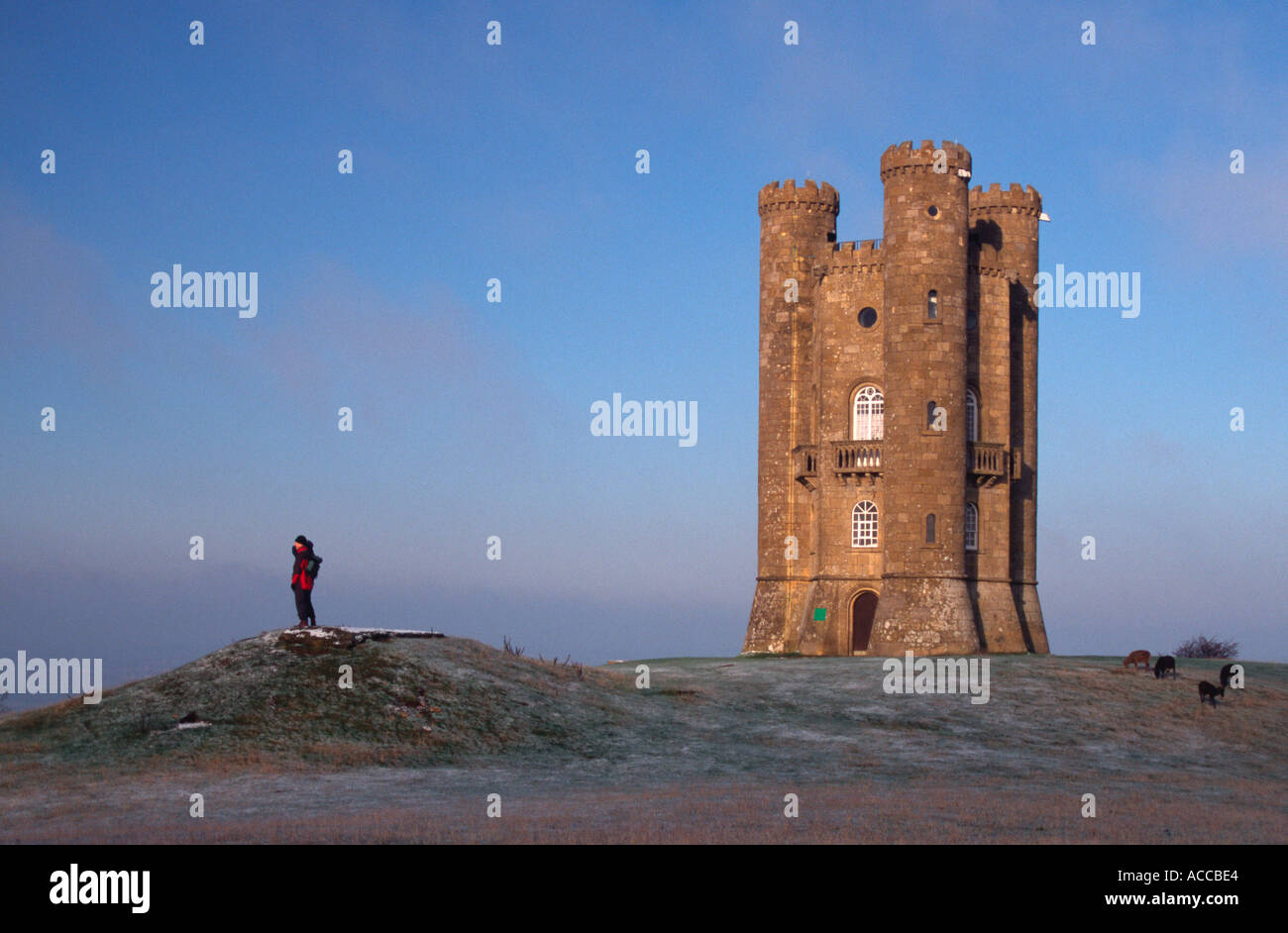 Walkers take in the view from Broadway Tower Cotswolds Gloucestershire Stock Photo