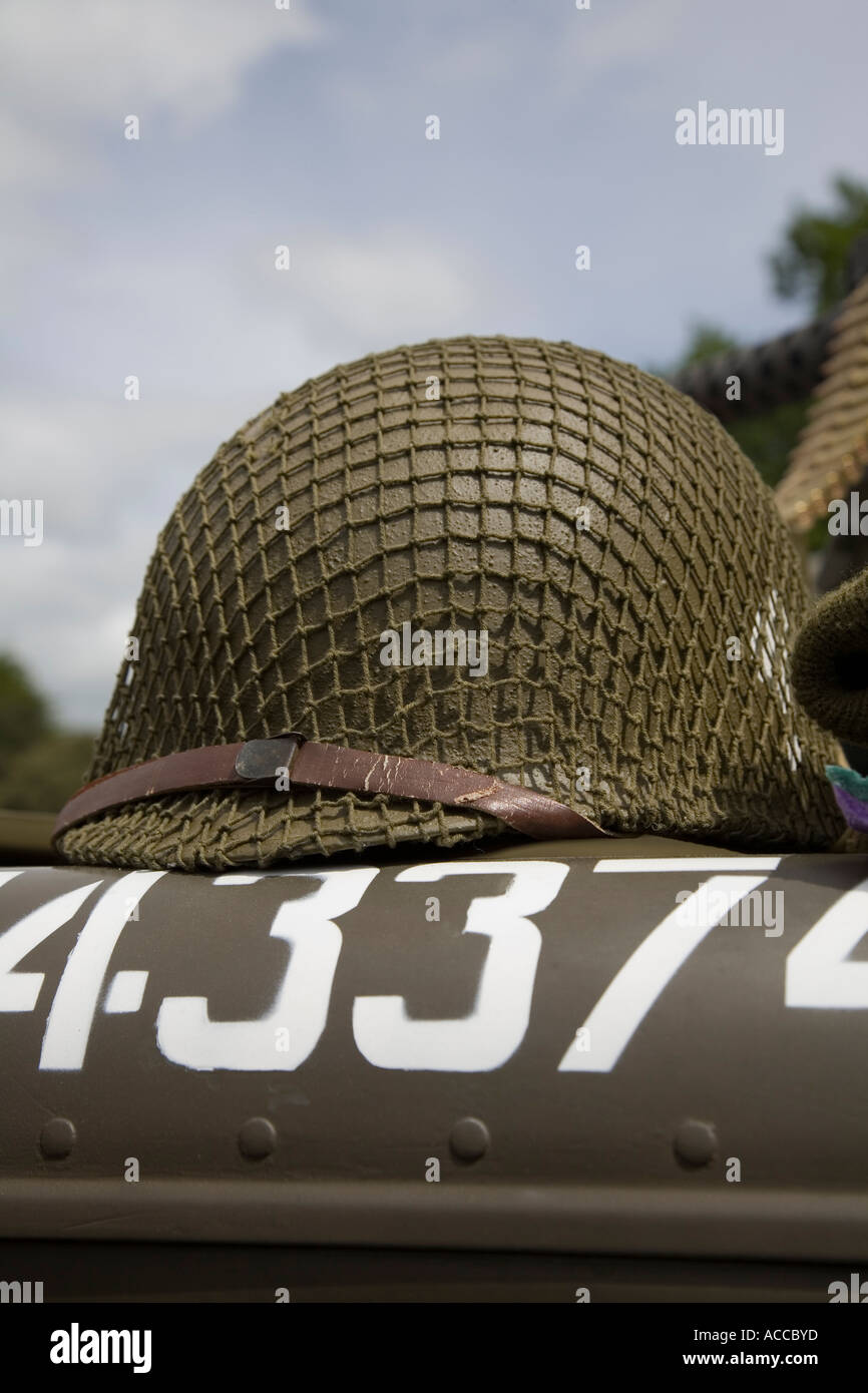 American Second World War US military infantry troop helmet on the hood ...