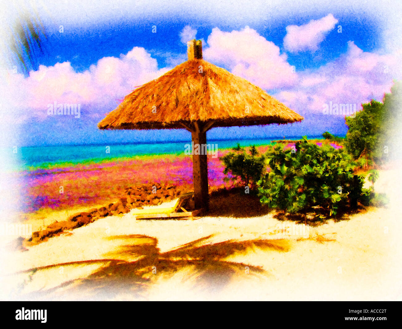 painterly image of thatched umbrella on beach Stock Photo