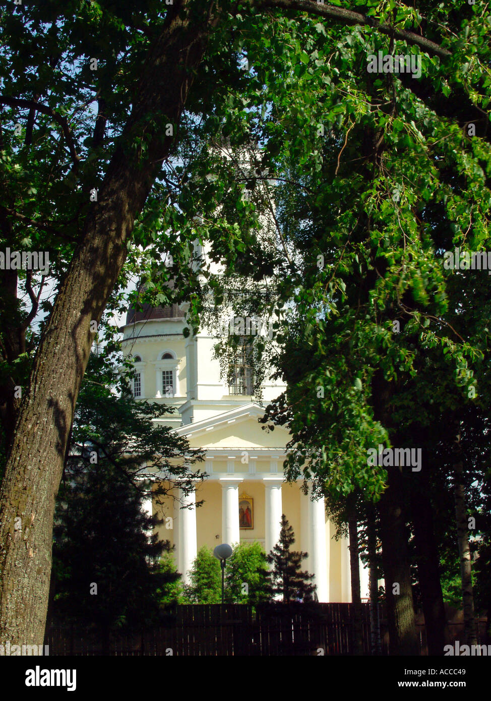 Mature tree with front of St Peter and Pauls Cathedral visible through the branches Gomel Belarus Stock Photo