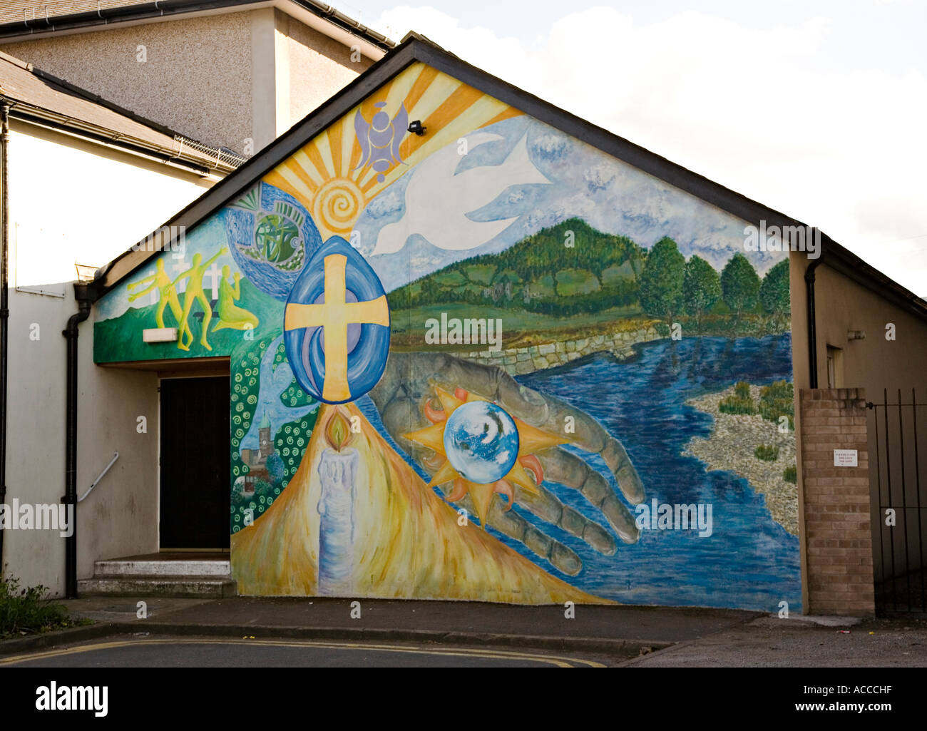 Religious mural painted on a Methodist church building Abergavenny Wales UK Stock Photo