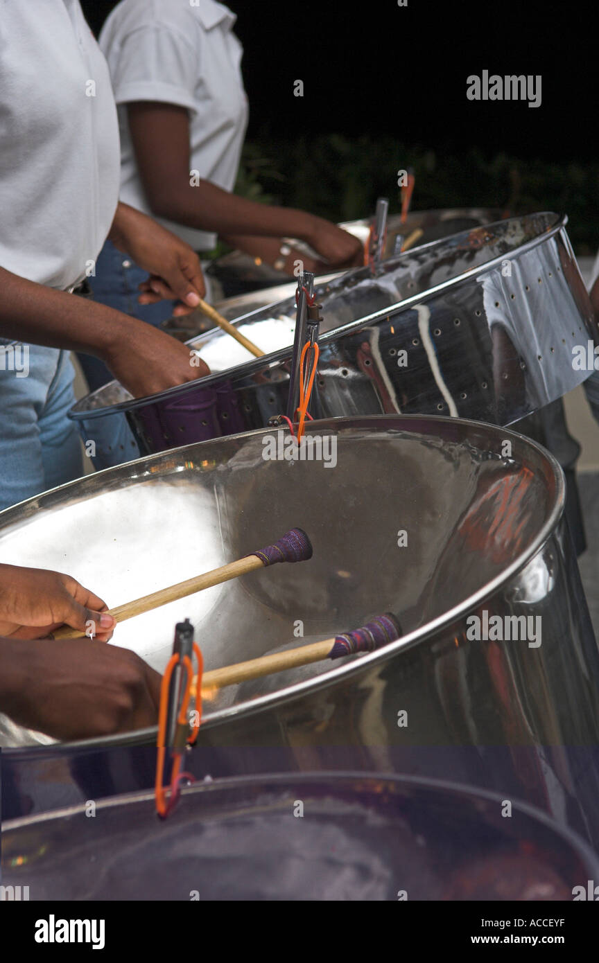 Close up of Pan Wizards band playing steel drums at Flamboyant Hotel Grenada Stock Photo Alamy