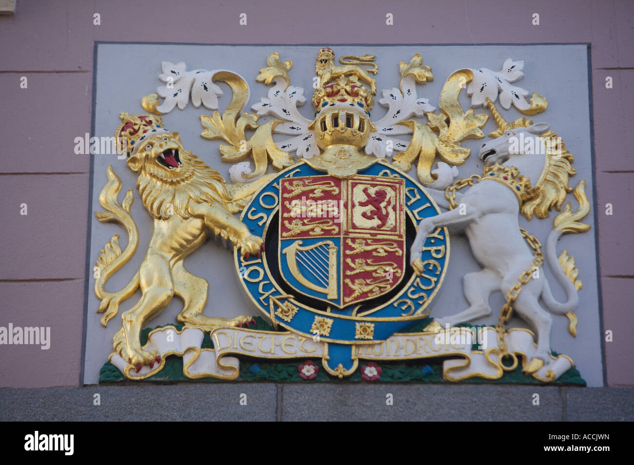 The Jersey Coat of Arms displayed outside The Jersey Royal Court is a symbol of the island's heritage and historical legal authority Stock Photo