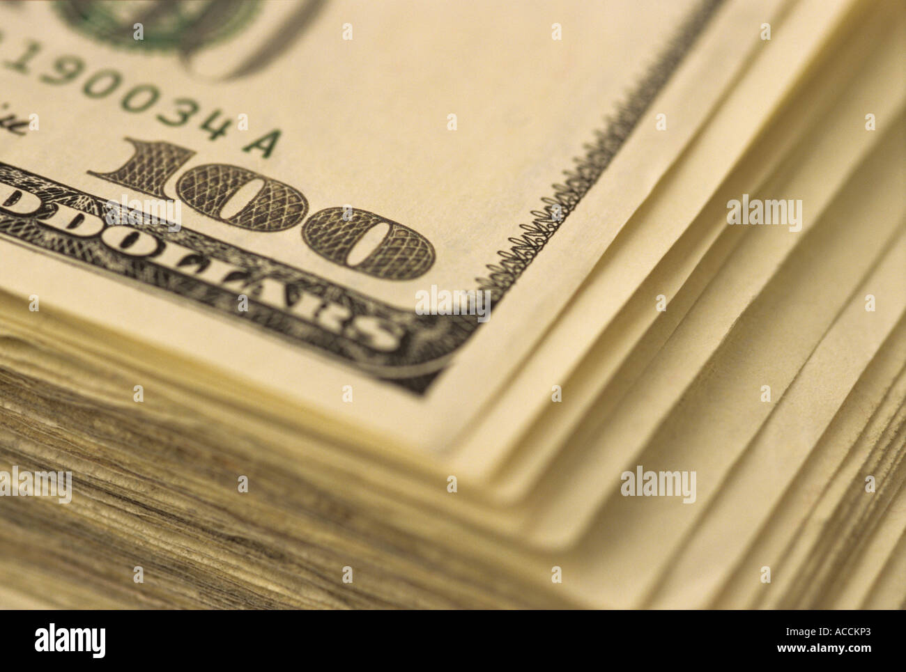 Close up of one hundred dollar bills, stacked, Marysville, Washington USA Stock Photo