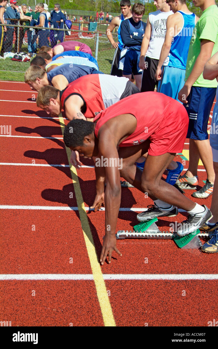 High School Track and Field Events the start of the dash Stock Photo