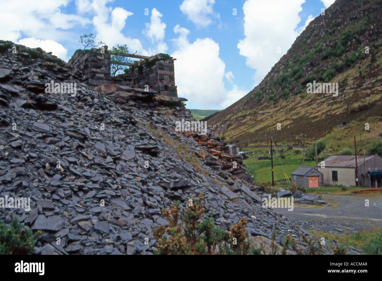 Derelict slate quarry landscape with waste tips and inclines at