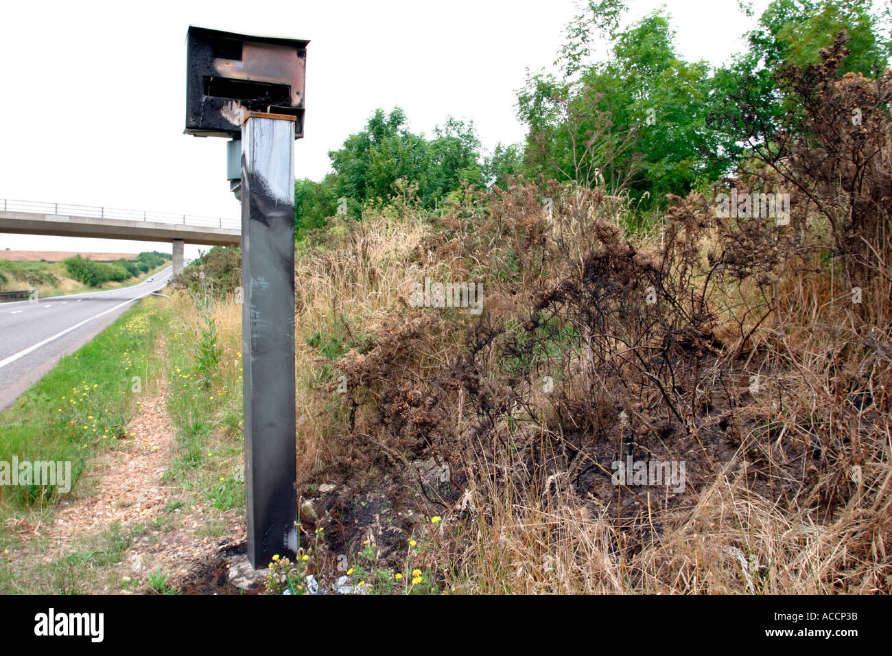 Gatso speed camera near Peterborough Cambridgeshire approaching junction for A1M  Stock Photo