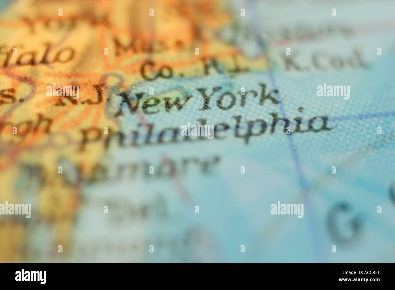Detail of a globe with writing New York, full frame, selective focus Stock Photo
