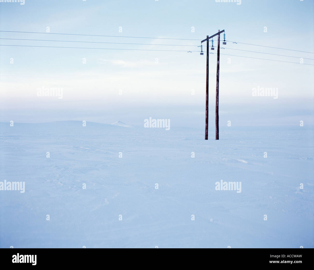 A power line in a winter landscape Stock Photo - Alamy