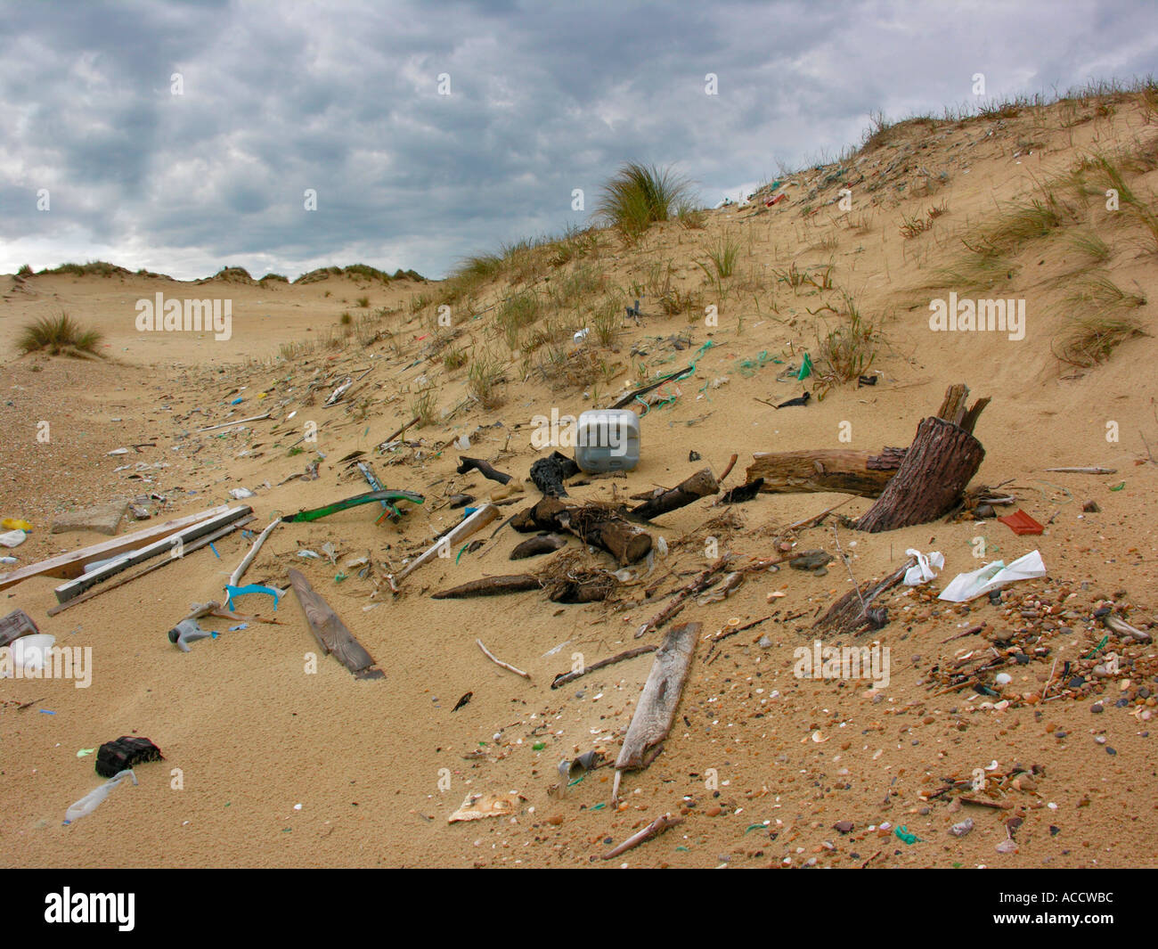 trash rubbish on dunes at the beach of Atlantic Ocean in France Stock Photo