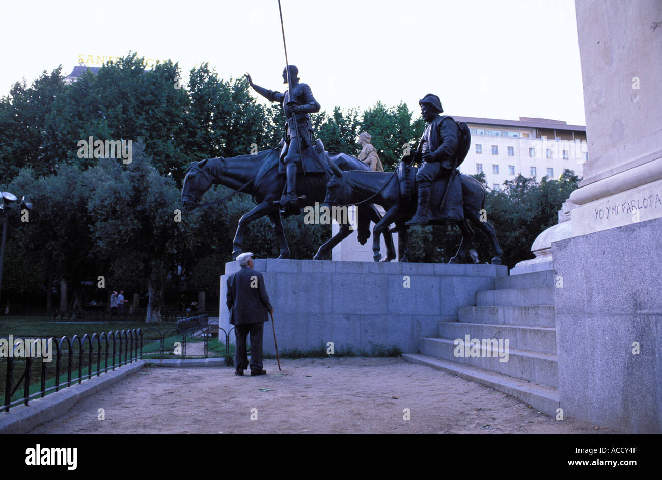 madrid bronze statue of Don Quichote and Sancho Panza on Plaza Espana don Quijote Stock Photo