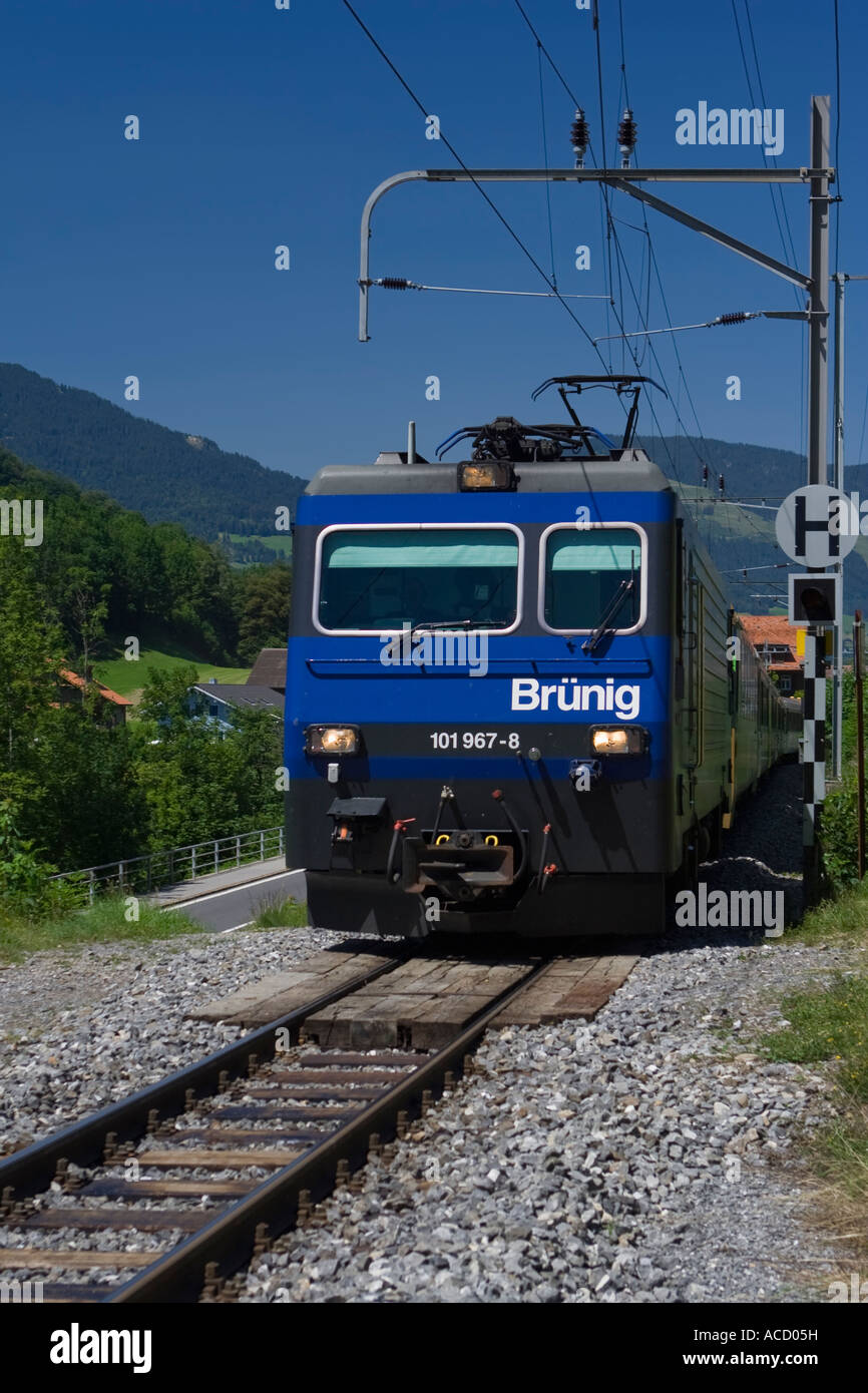 Brünig Train company on its way up to the Brünig pass, switzerland Stock Photo