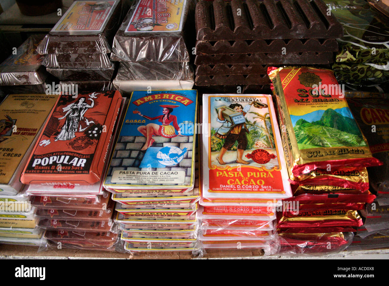 Local chocolate bars on display at central market in Cuzco, Peru Stock Photo