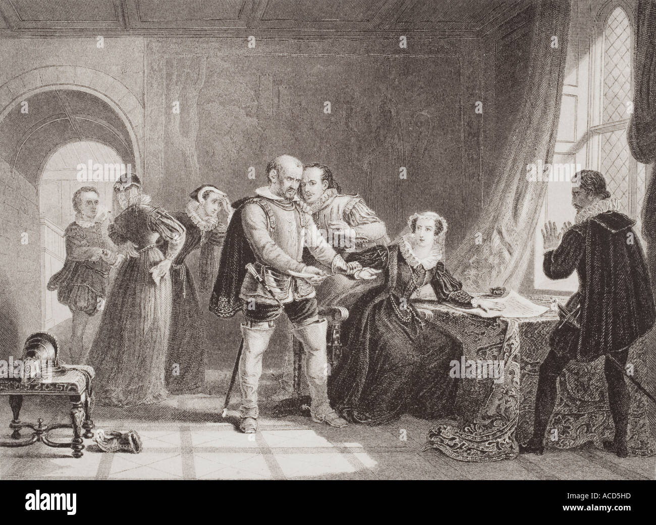 Mary Queen of Scots compelled to sign her abdication in Lochleven Castle, 1567. Stock Photo