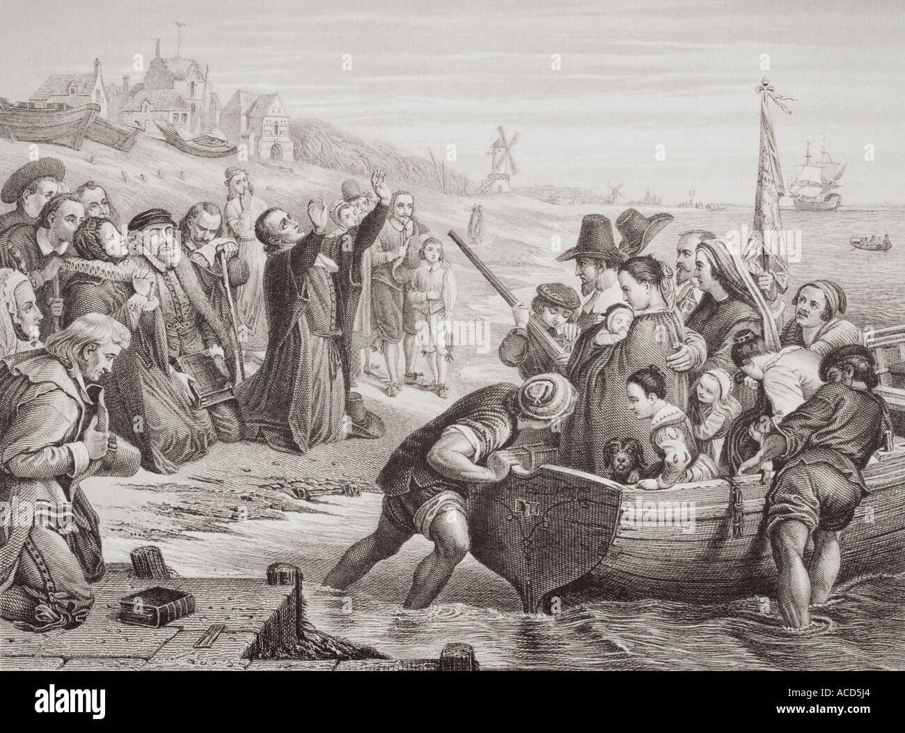 Departure of the Pilgrim Fathers from Delfshaven, July 1620. Stock Photo
