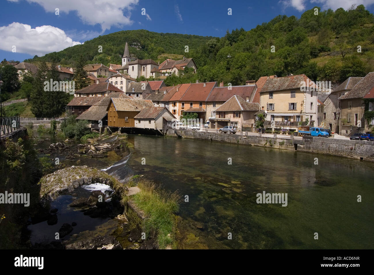 Lods heritage village by the river Loue, France Stock Photo