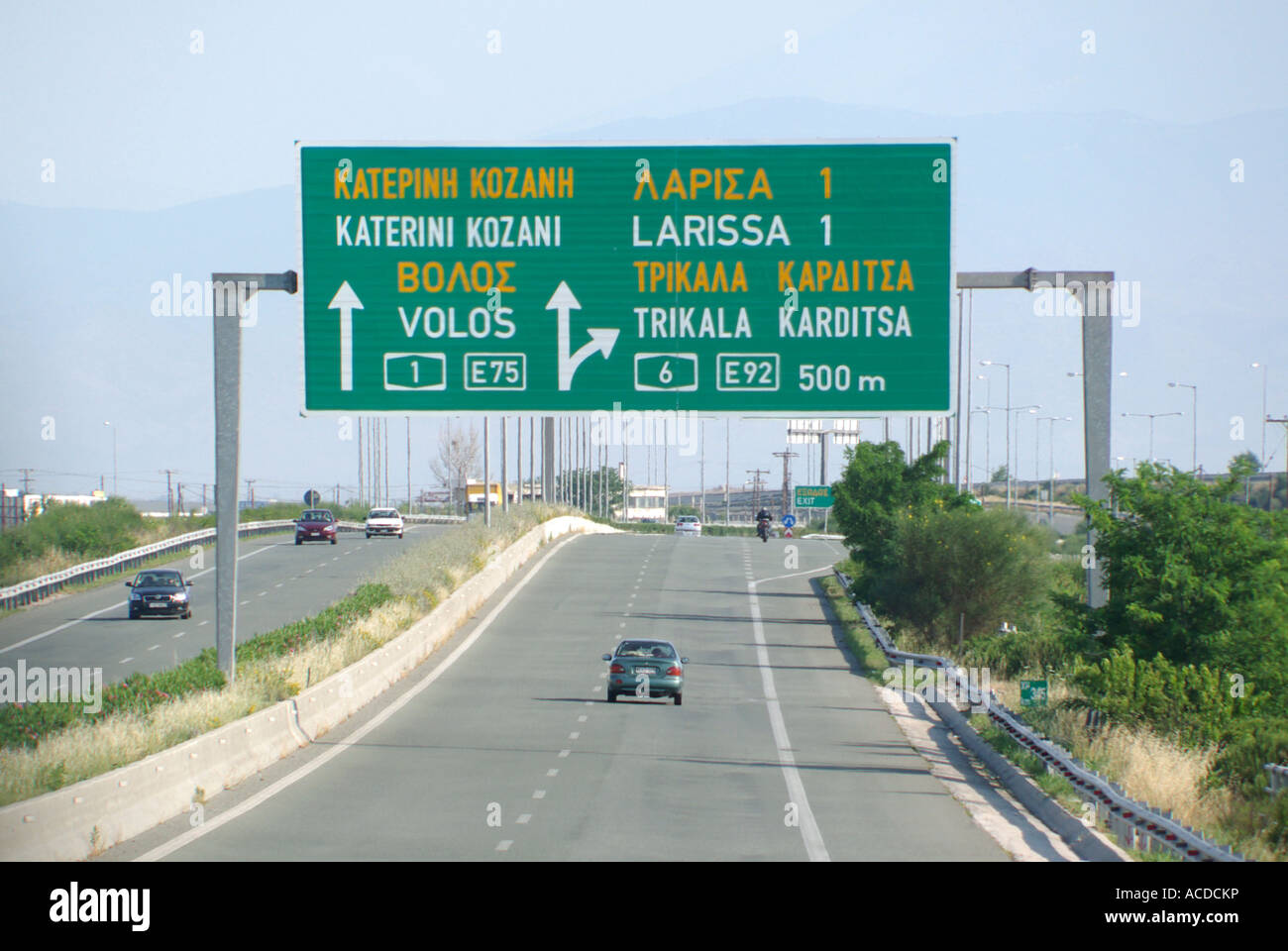 Greek green road gantry route direction signs to Katerini Larissa Volos